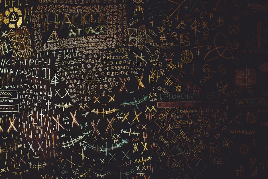 Complex chalkboard art featuring hacking symbols, codes, and geometric patterns.